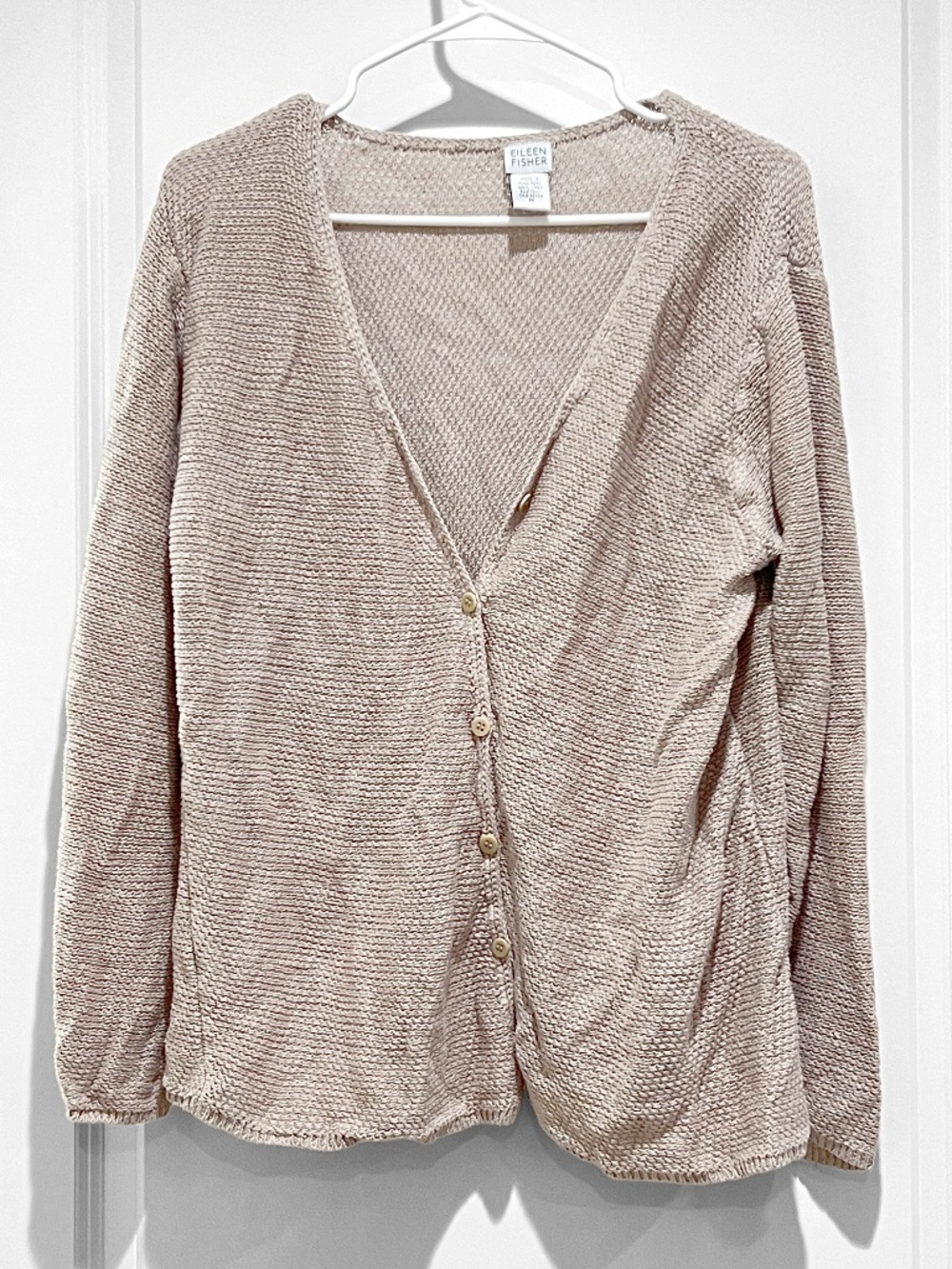 Eileen Fisher v neck Cardigan Sweater Womens Medium 100% Linen Beige Button Up